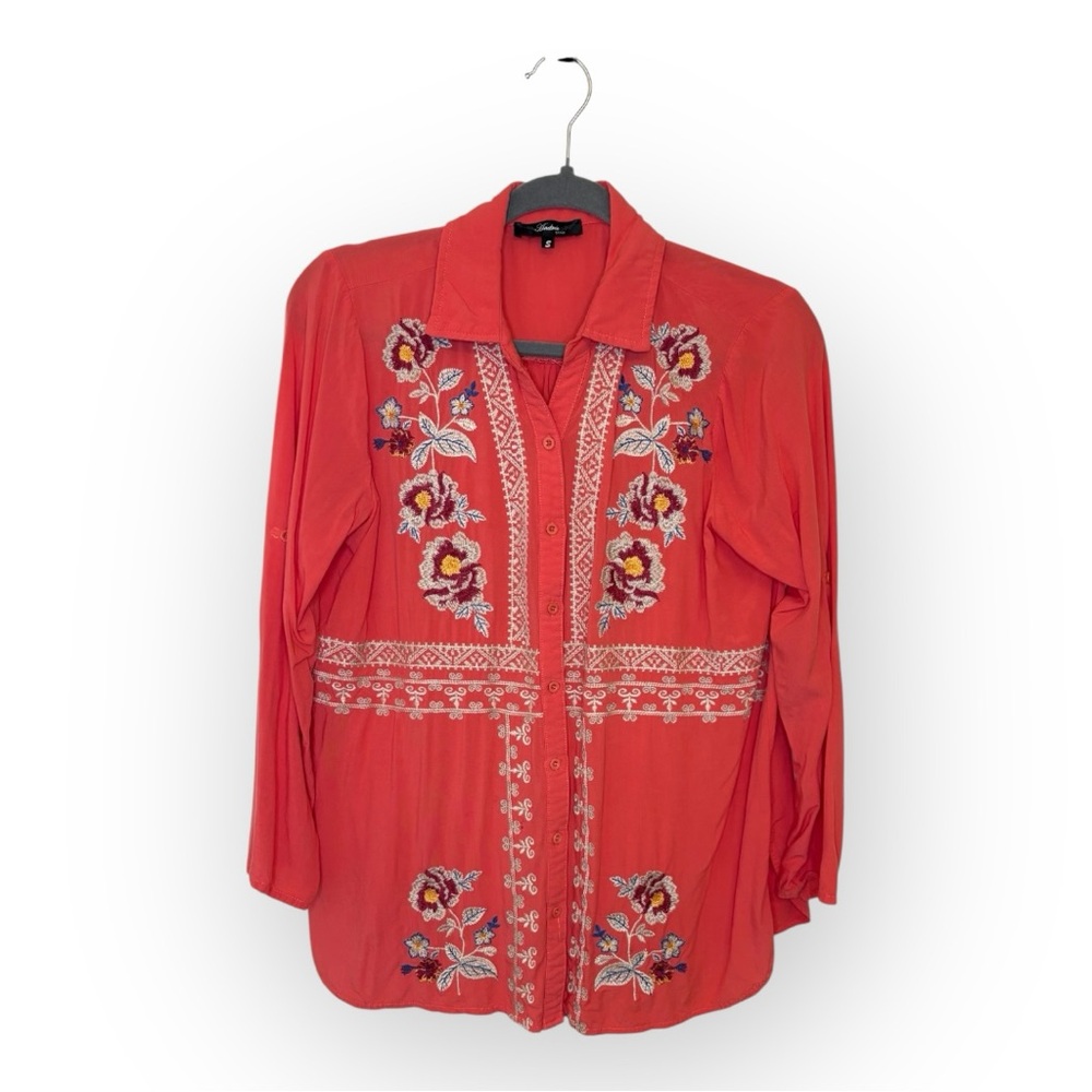 Andrée by Unit Coral Pink Embroidered Boho Western Peasant Festival Blouse Small